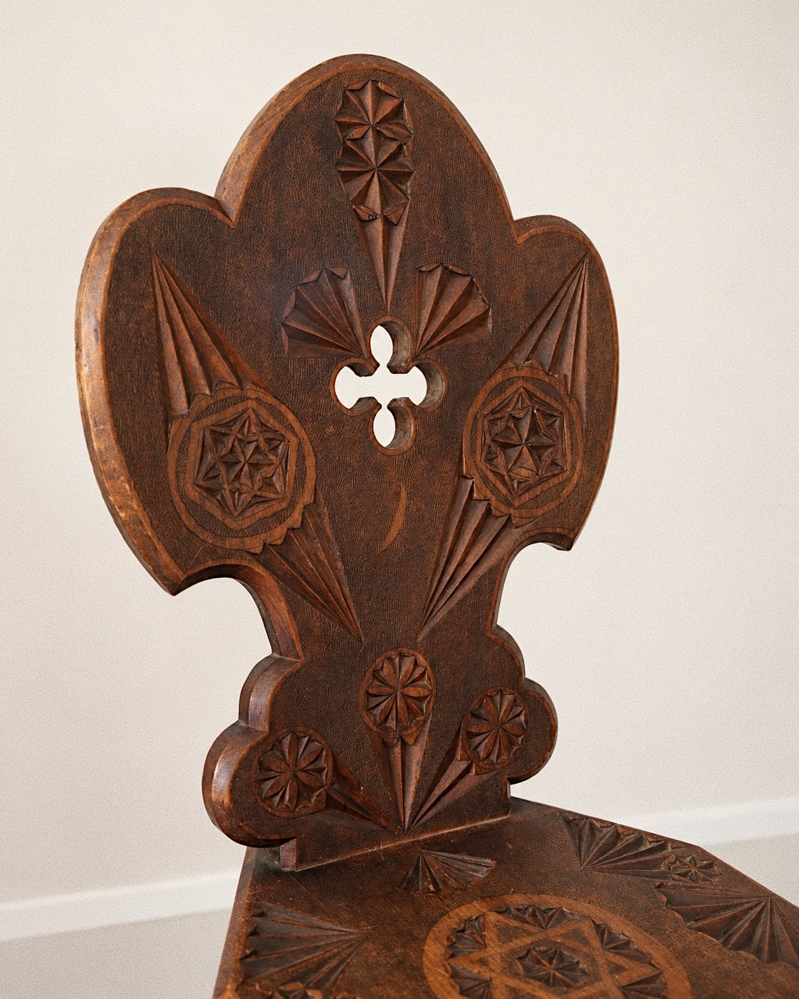 Alpine Folk Art Carved Chair with Quatrefoil Back