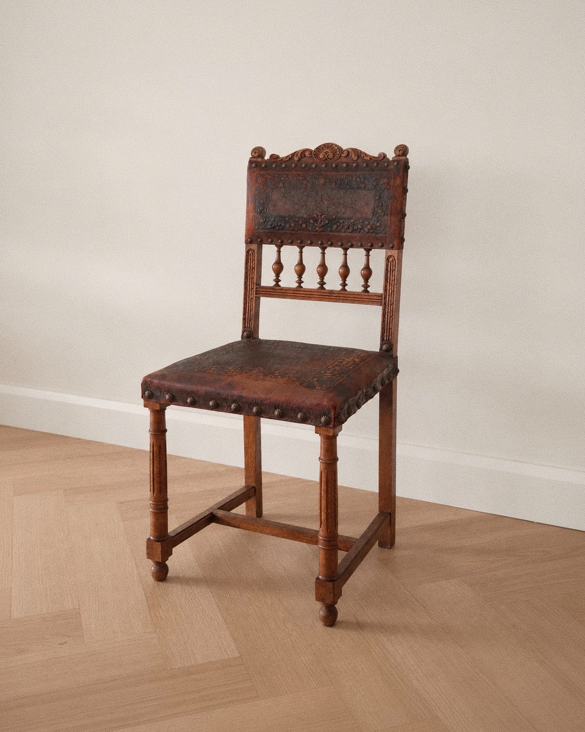 Antique Carved Oak & Patinated Leather Chair