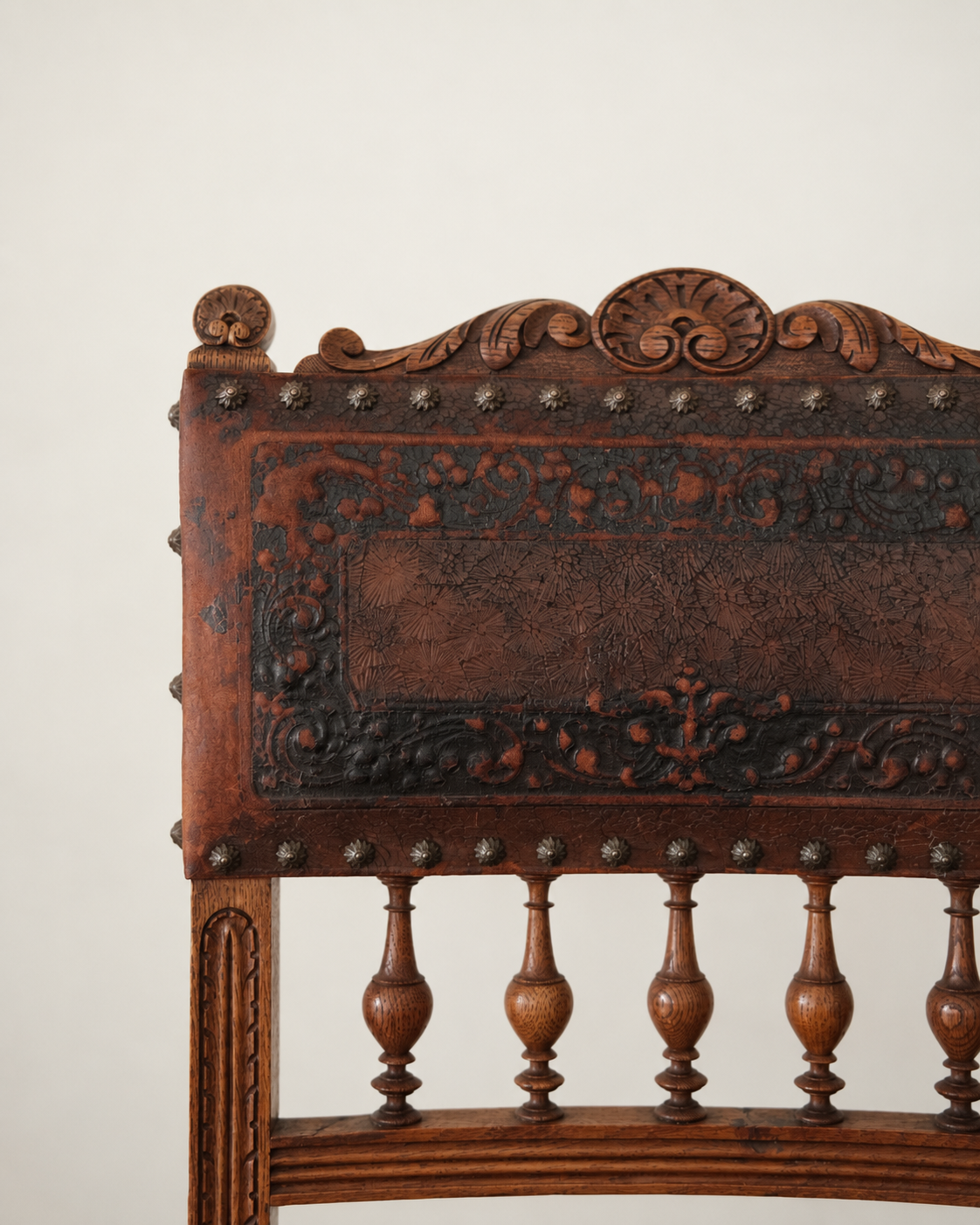 Antique Carved Oak & Patinated Leather Chair