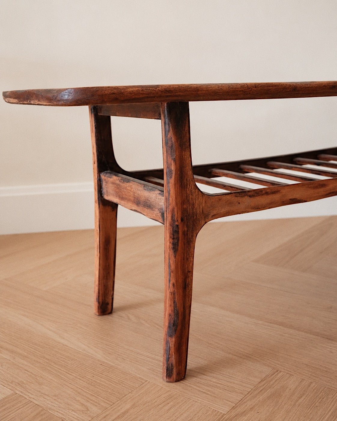 Mid-Century Modern Compact Timber Coffee Table with Slatted Shelf