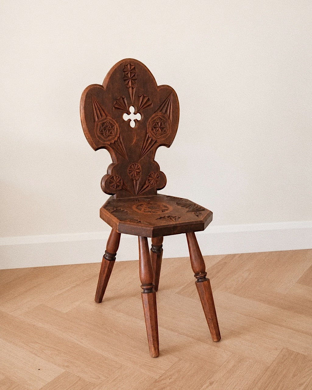Alpine Folk Art Carved Chair with Quatrefoil Back