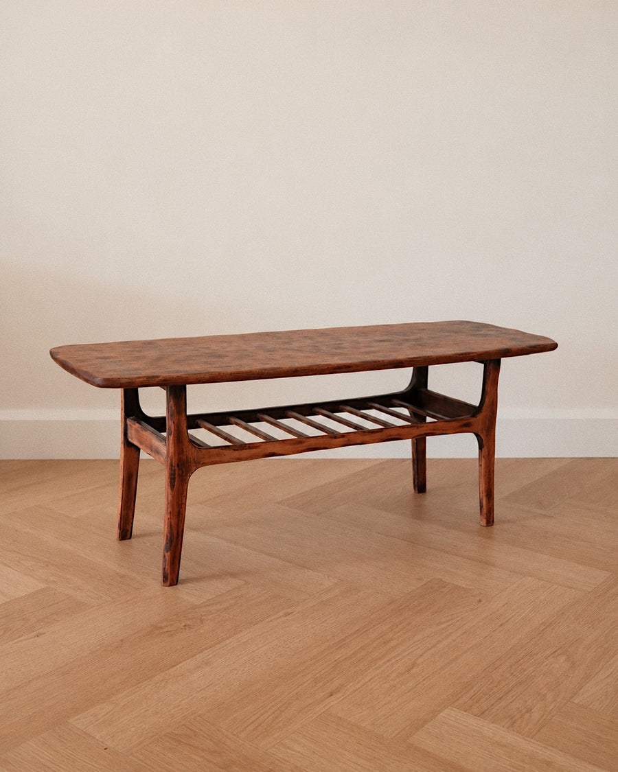 Mid-Century Modern Compact Timber Coffee Table with Slatted Shelf