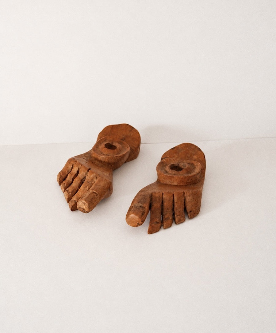 Pair of Folk Art Carved Wooden Foot Candleholders