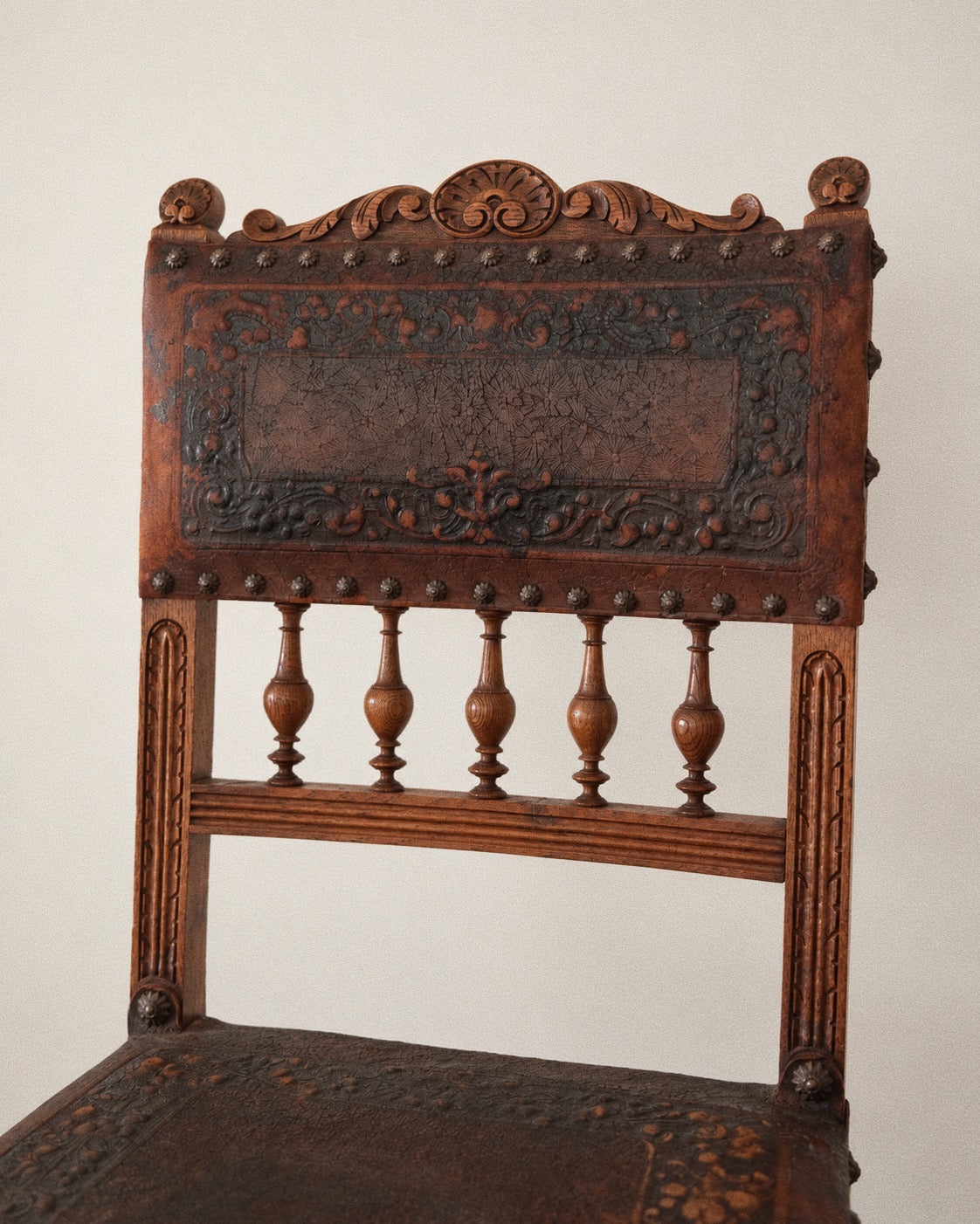 Antique Carved Oak & Patinated Leather Chair