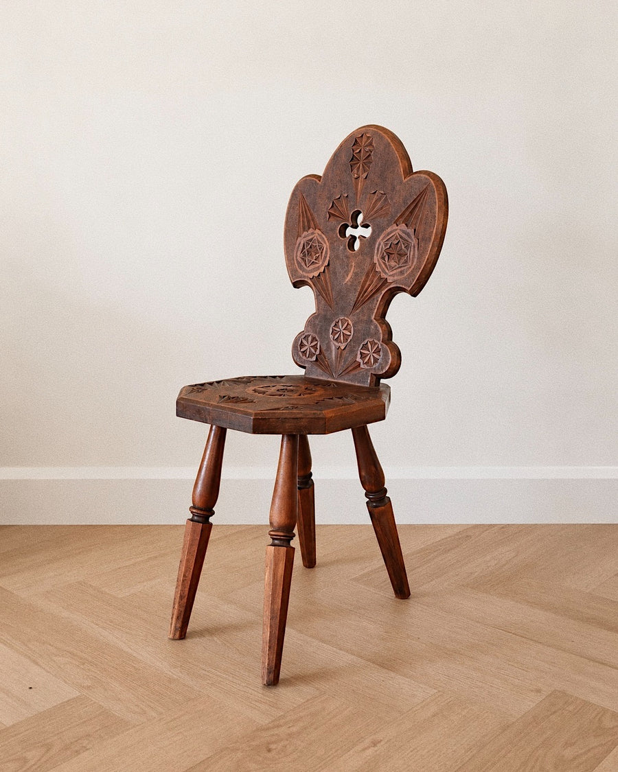 Alpine Folk Art Carved Chair with Quatrefoil Back