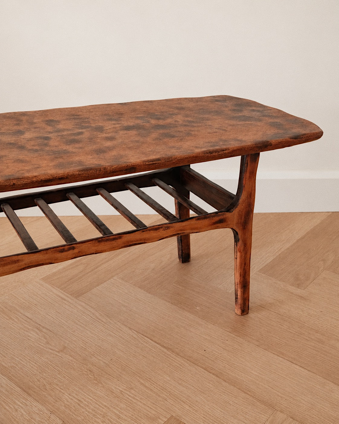 Mid-Century Modern Compact Timber Coffee Table with Slatted Shelf