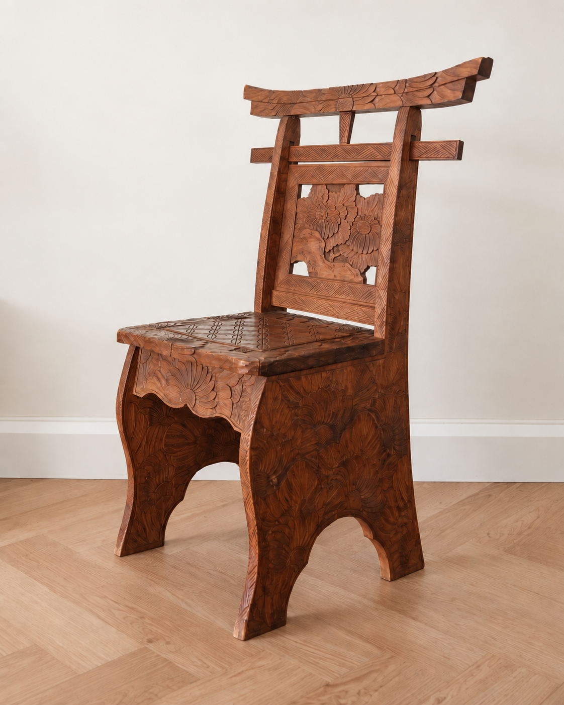 Antique Japanese Carved Timber Chair | Arts & Crafts
