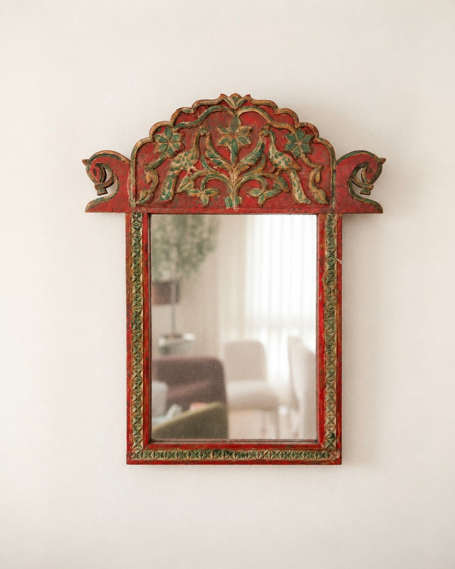 Vintage Rajasthani Carved & Painted Folk Art Mirror