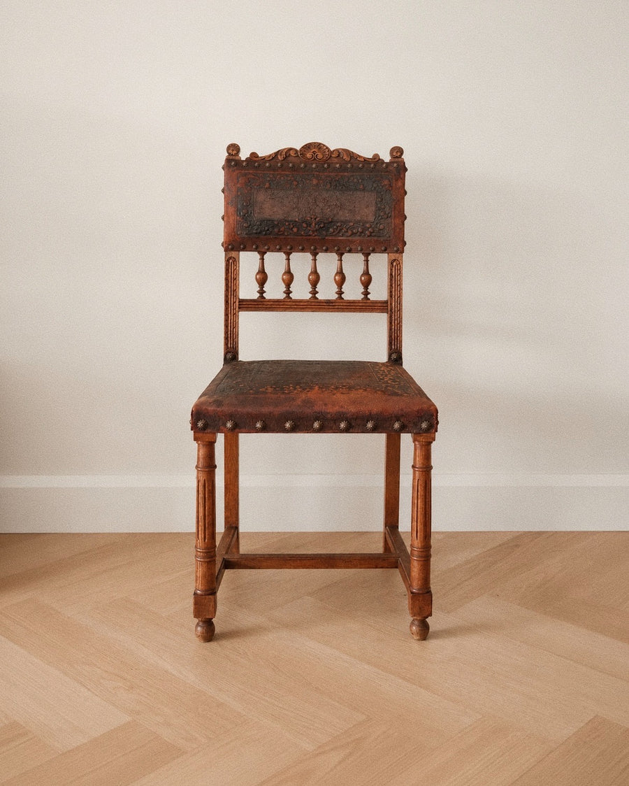 Antique Carved Oak & Patinated Leather Chair
