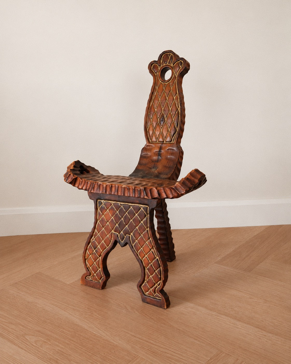Spanish Revival Carved Tripod Birthing Chair