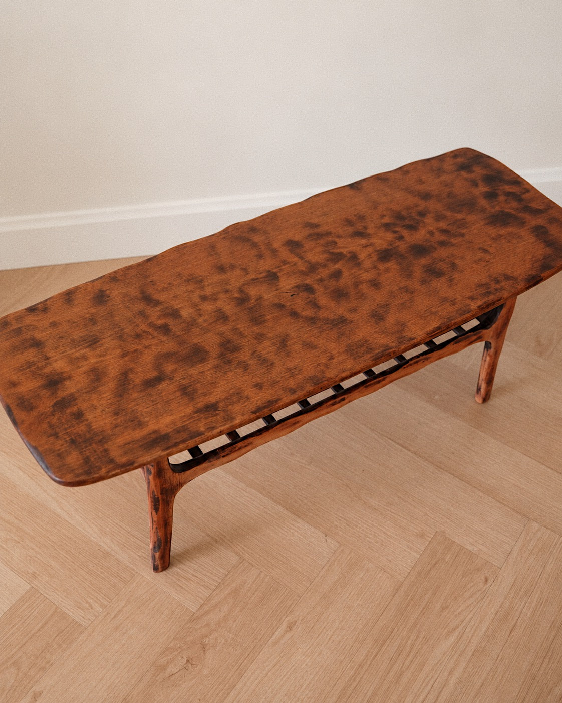 Mid-Century Modern Compact Timber Coffee Table with Slatted Shelf