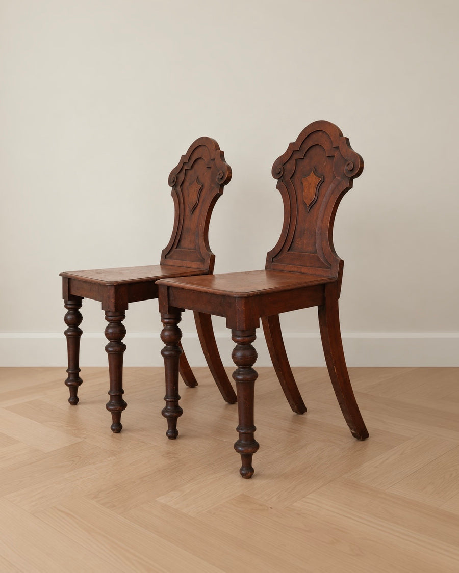 Victorian Carved Timber Hall Chairs — Pair