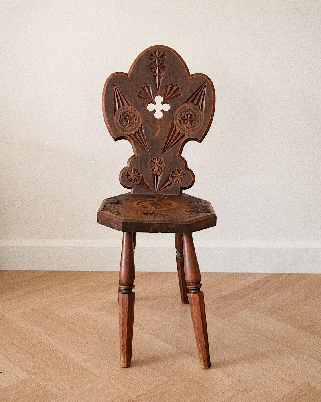 Alpine Folk Art Carved Chair with Quatrefoil Back