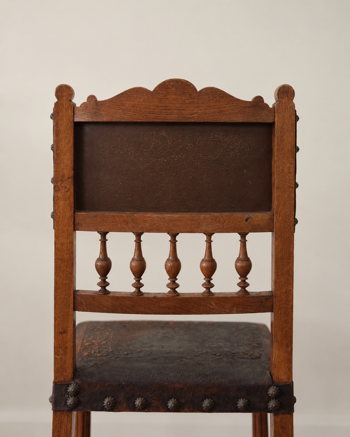 Antique Carved Oak & Patinated Leather Chair
