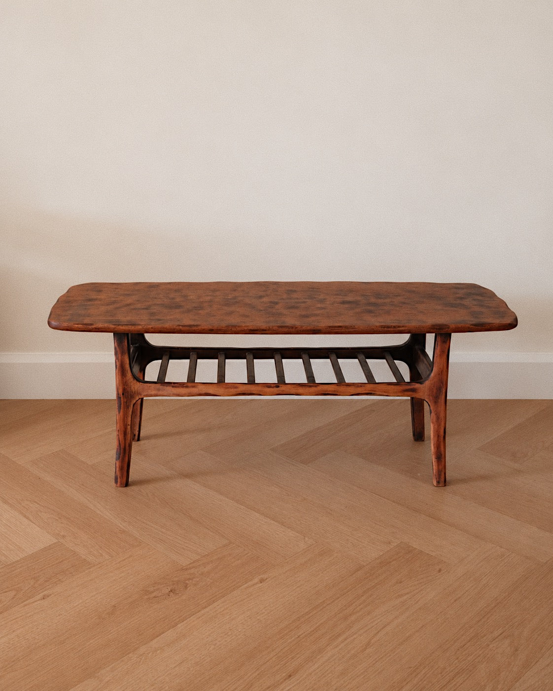 Mid-Century Modern Compact Timber Coffee Table with Slatted Shelf