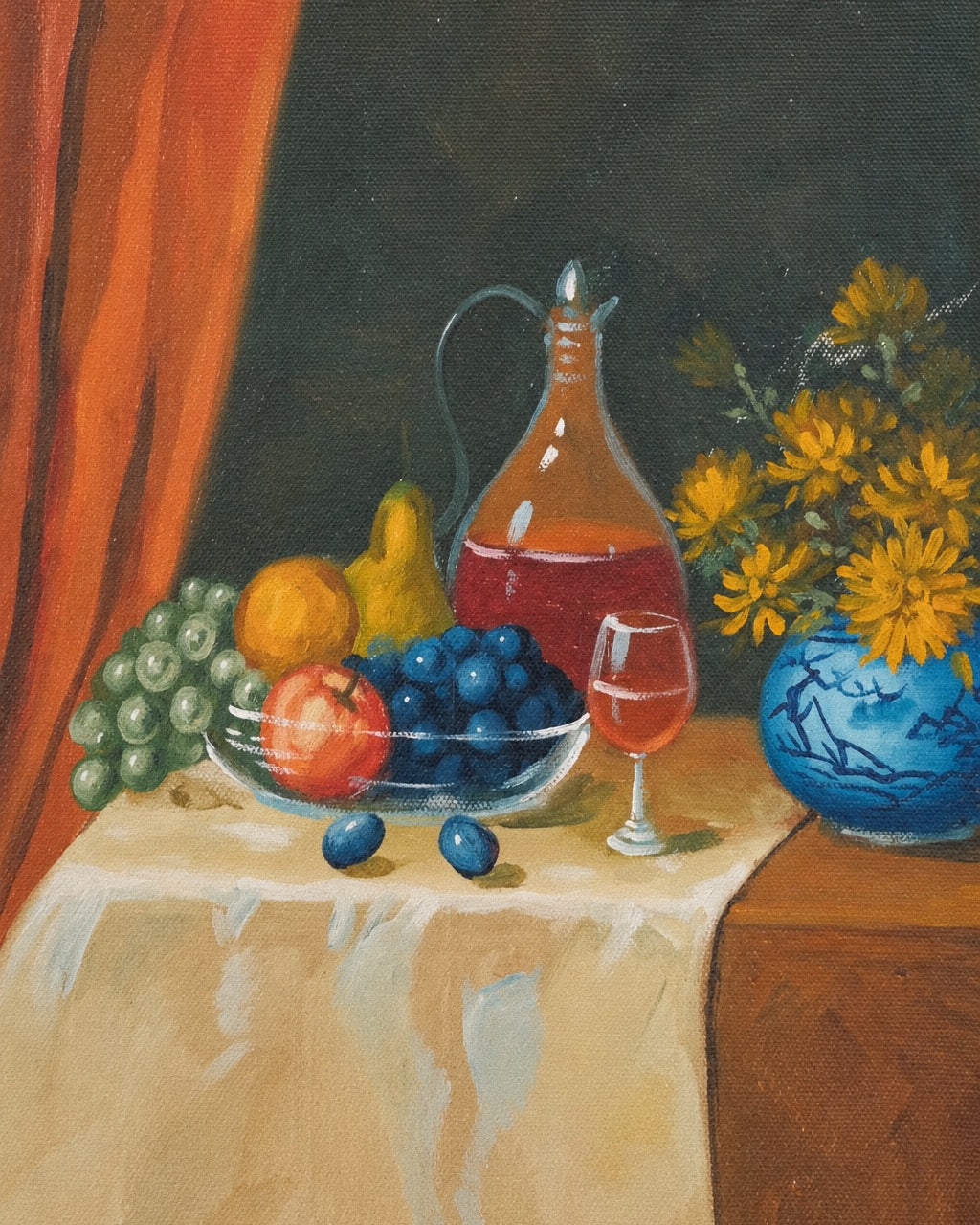 Framed Still Life with Fruit, Wine & Flowers