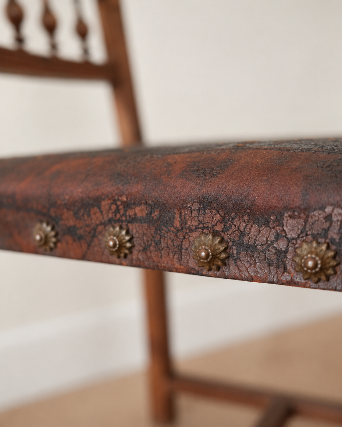 Antique Carved Oak & Patinated Leather Chair